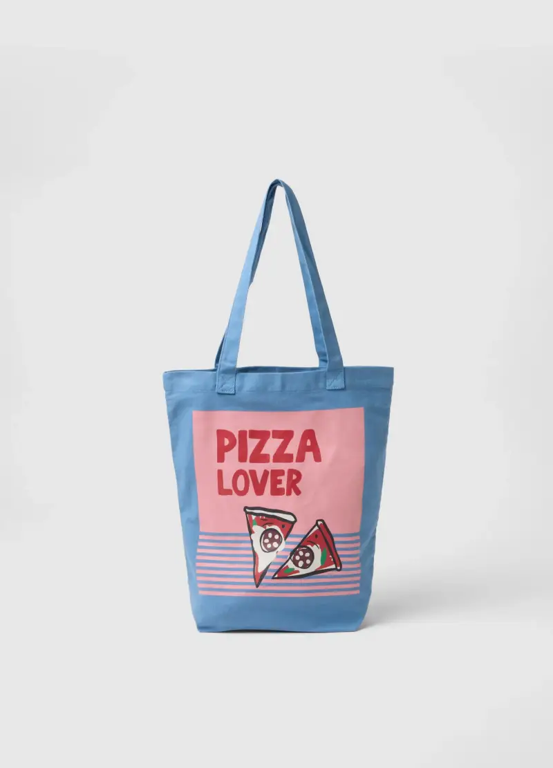 Borsa In Puro Cotone Azzurra Con Stampa Pizza, Donna, Azzurro