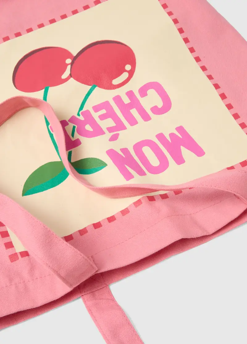 Borsa In Puro Cotone Rosa Con Stampa Ciliegie, Donna, Rosa miniatura 3