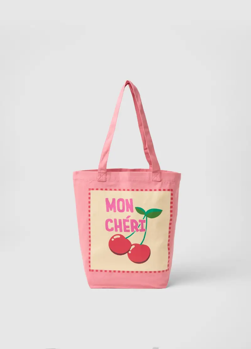 Borsa In Puro Cotone Rosa Con Stampa Ciliegie, Donna, Rosa