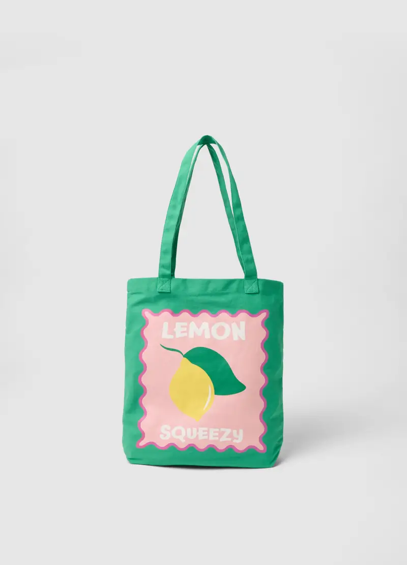 Borsa In Puro Cotone Verde Con Stampa Limoni, Donna, Verde