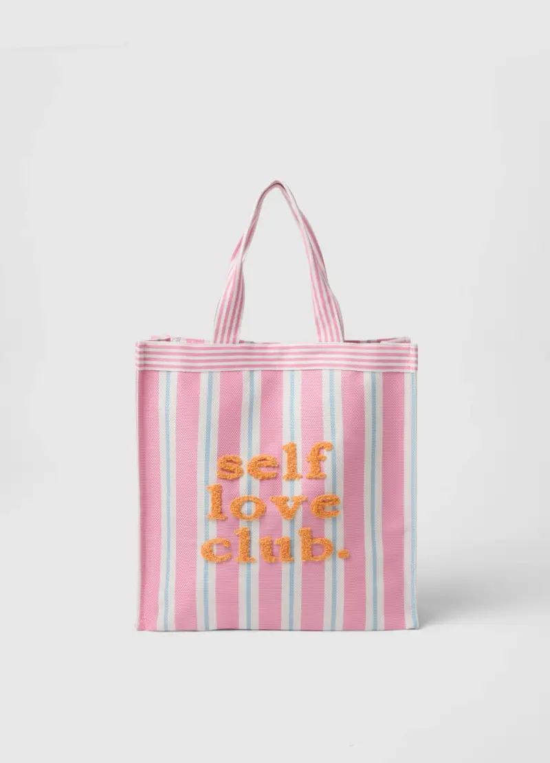 Borsa Shopper A Righe Multicolor Con Scritta Ricamata, Donna, Multicolor