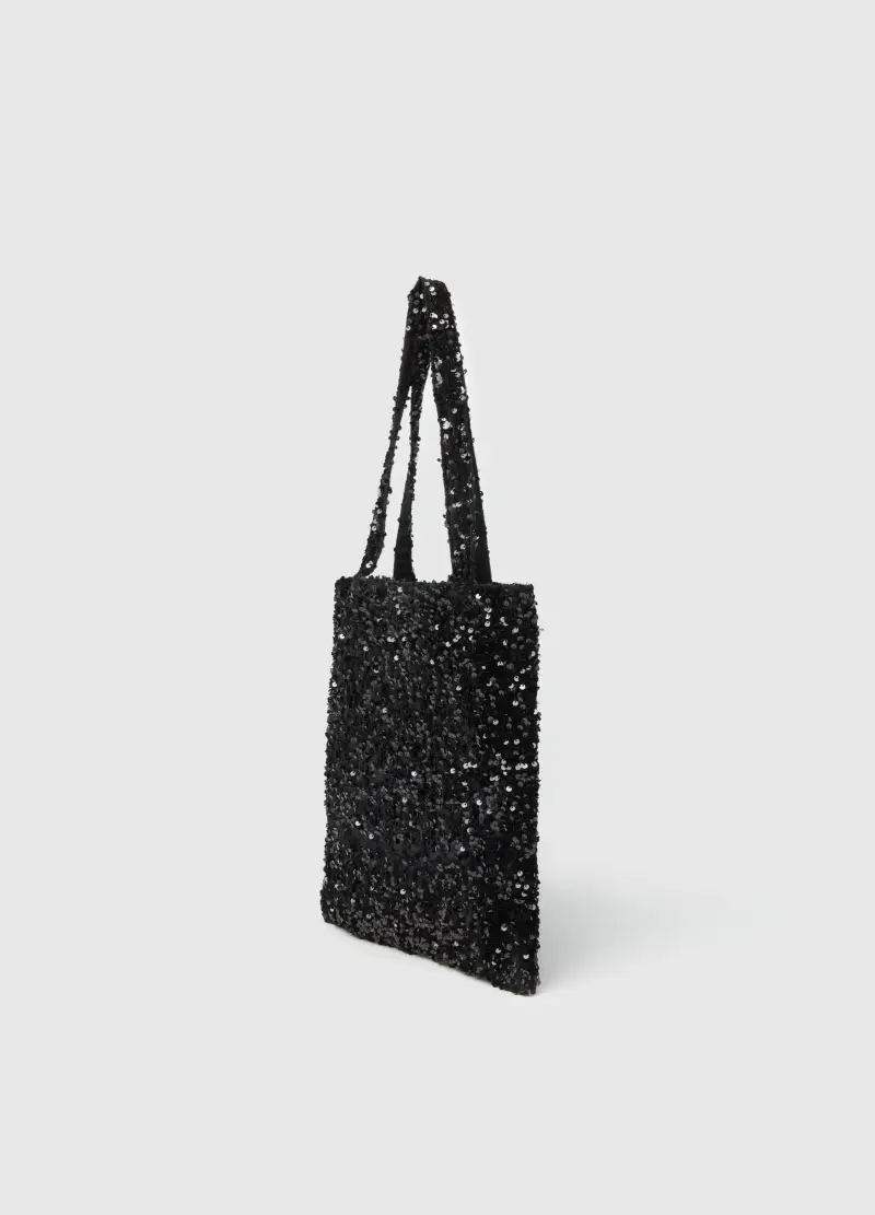 Borsa Shopper Nera Con Paillettes, Donna, Nero miniatura 2