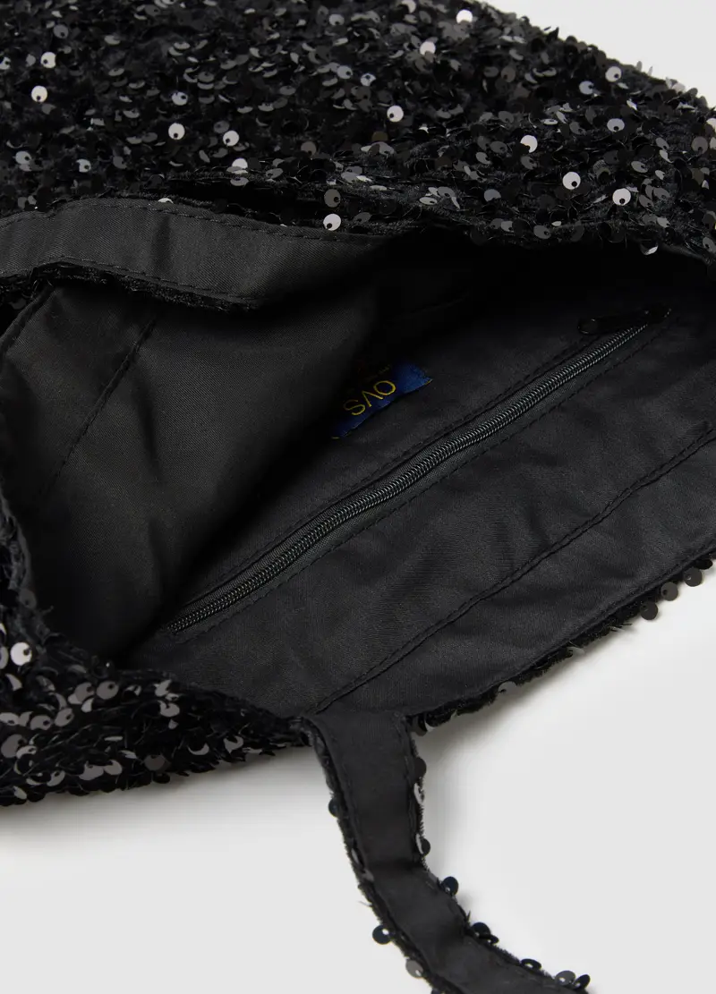 Borsa Shopper Nera Con Paillettes, Donna, Nero miniatura 3
