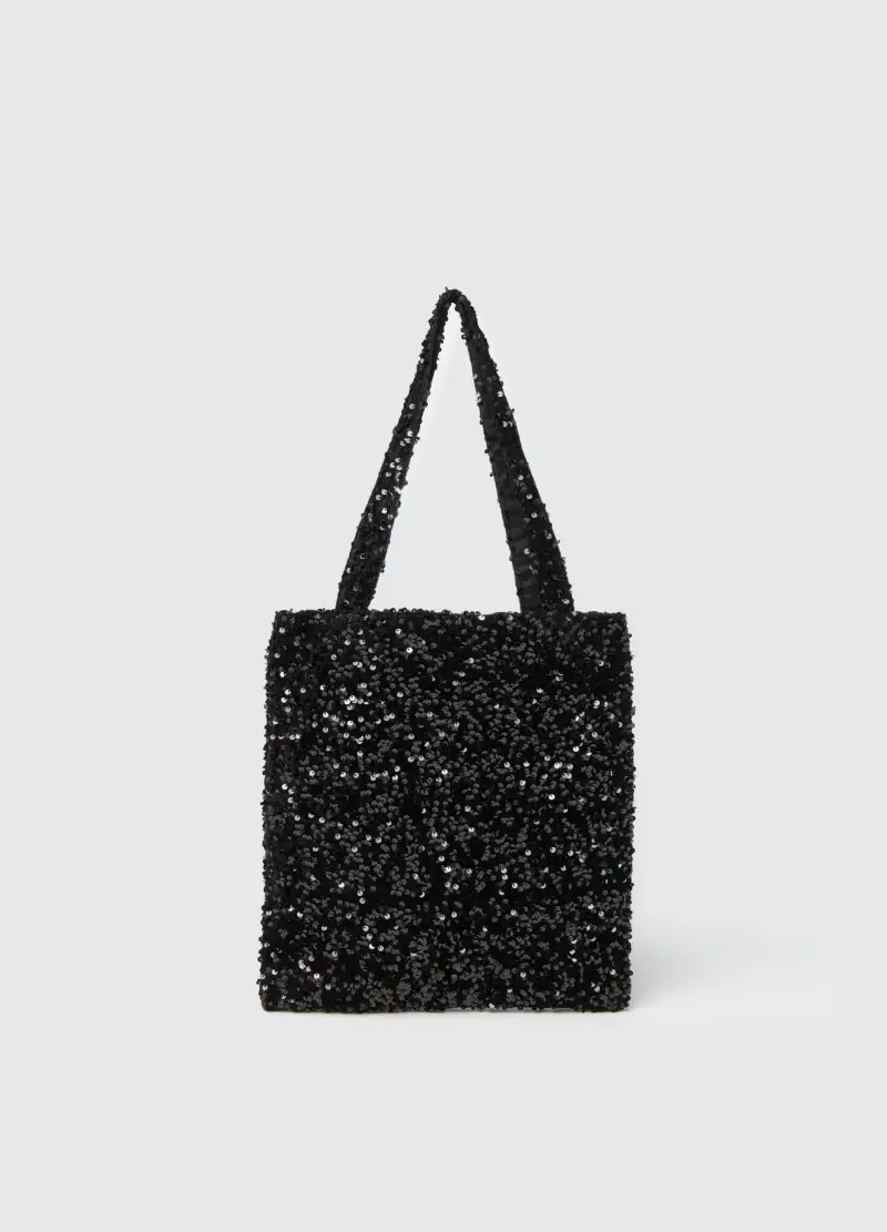 Borsa Shopper Nera Con Paillettes, Donna, Nero
