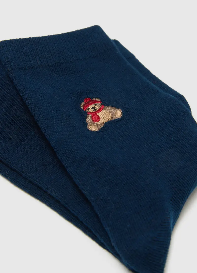 Calzini Blu In Cotone Elasticizzato Con Ricamo Natalizio, Donna, Blu miniatura 3