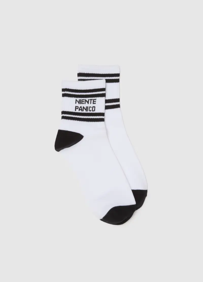 Calzini In Cotone Bianco Con Dettagli A Righe Nere, Donna, Multicolor