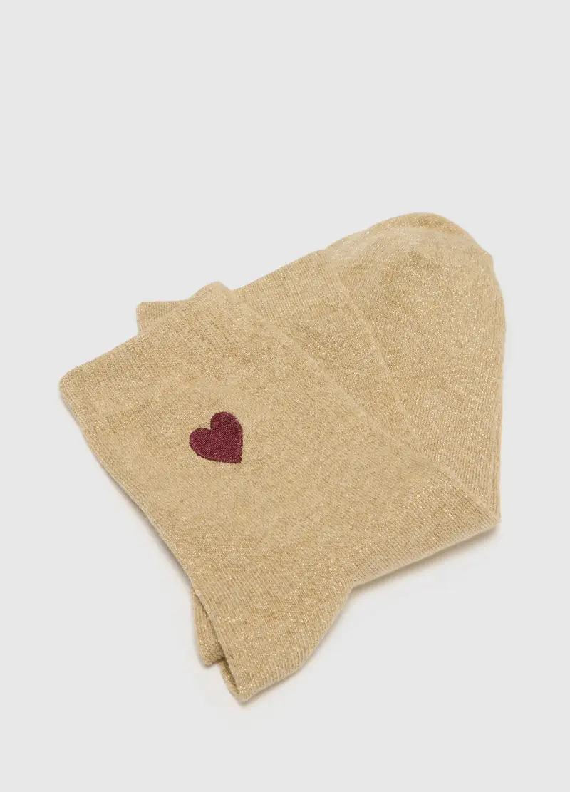 Calzini In Misto Cotone Beige Con Cuore, Donna, Multicolor miniatura 3