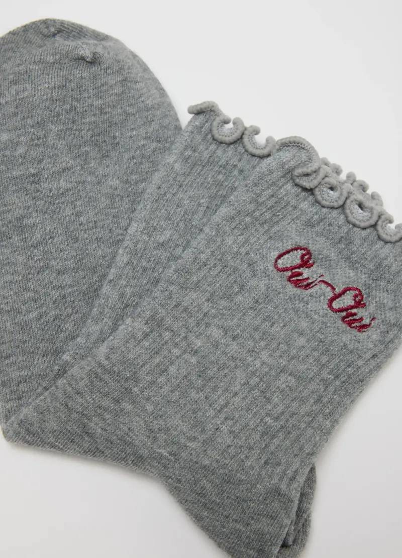 Calzini In Misto Cotone Grigi Con Bordi Arricciati, Donna, Grigio miniatura 3