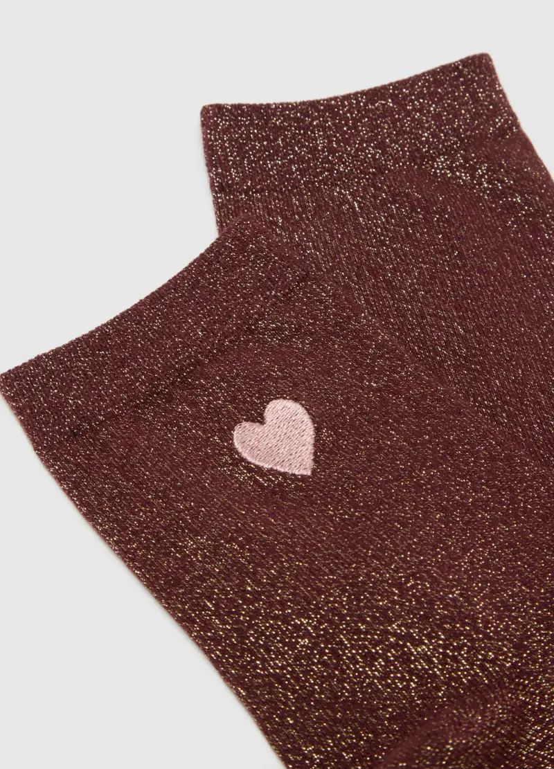 Calzini In Misto Cotone Marroni Con Cuore E Glitter, Donna, Marrone miniatura 2