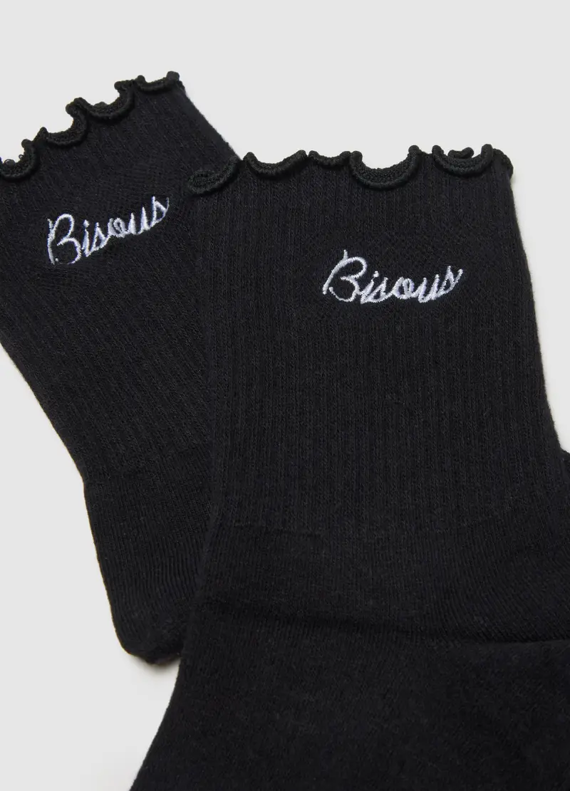 Calzini In Misto Cotone Nero Con Bordi Arricciati, Donna, Nero miniatura 2