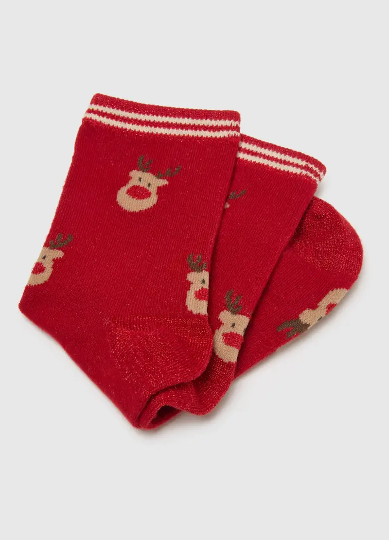 Calzini Natalizi In Misto Cotone Rossi Con Stampa, Donna, Rosso miniatura 2