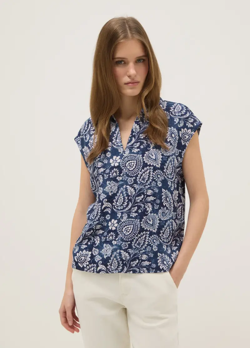 Camicetta Senza Maniche In Pura Viscosa Multicolor Regular Fit Con Scollo A V, Donna, Multicolor