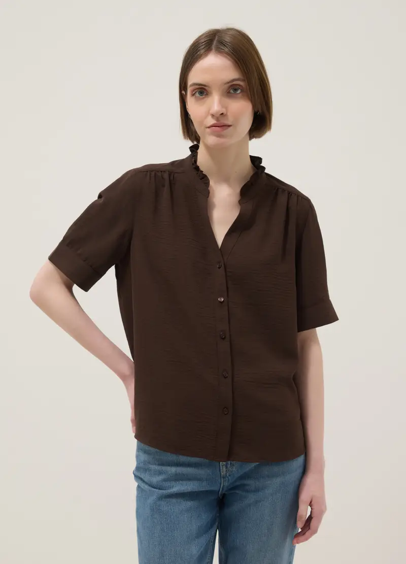 Camicia A Maniche Corte In Puro Cotone Marrone Regular Fit, Donna, Marrone