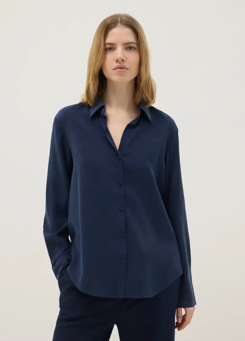 Camicia A Maniche Lunghe In Misto Viscosa Blu Regular Fit, Donna, Blu