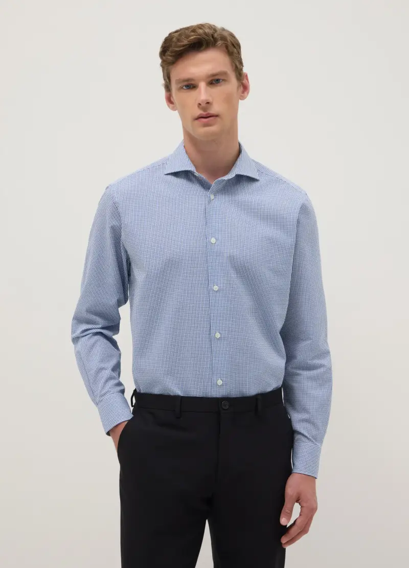 Camicia A Quadri Azzurra In Puro Cotone Regular Fit Easy Iron, Uomo, Azzurro
