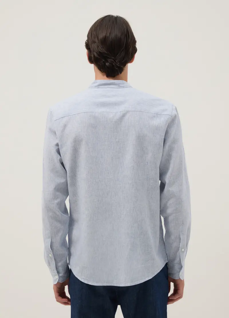 Camicia A Righe Multicolor Con Collo Alla Coreana In Misto Lino E Cotone Regular Fit, Uomo, Azzurro miniatura 3