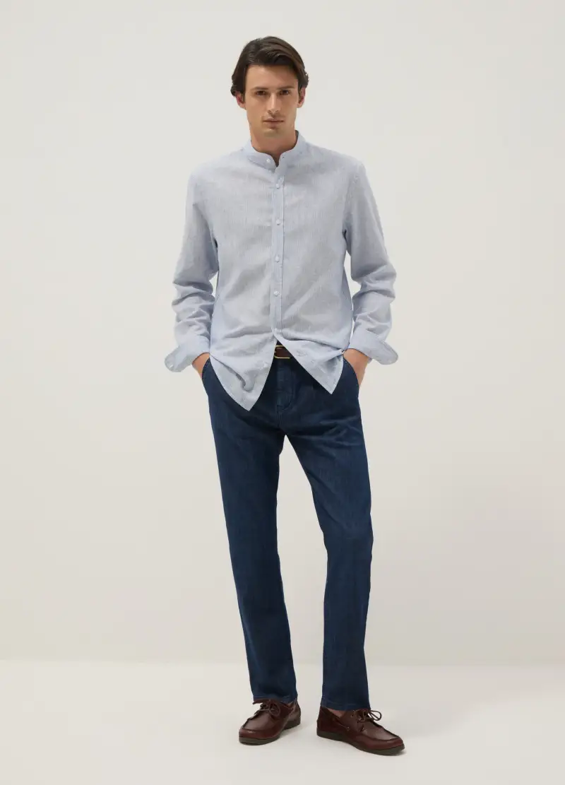 Camicia A Righe Multicolor Con Collo Alla Coreana In Misto Lino E Cotone Regular Fit, Uomo, Azzurro