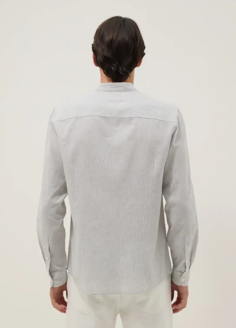 Camicia A Righe Multicolor Con Collo Alla Coreana In Misto Lino E Cotone Regular Fit, Uomo, Beige miniatura 3