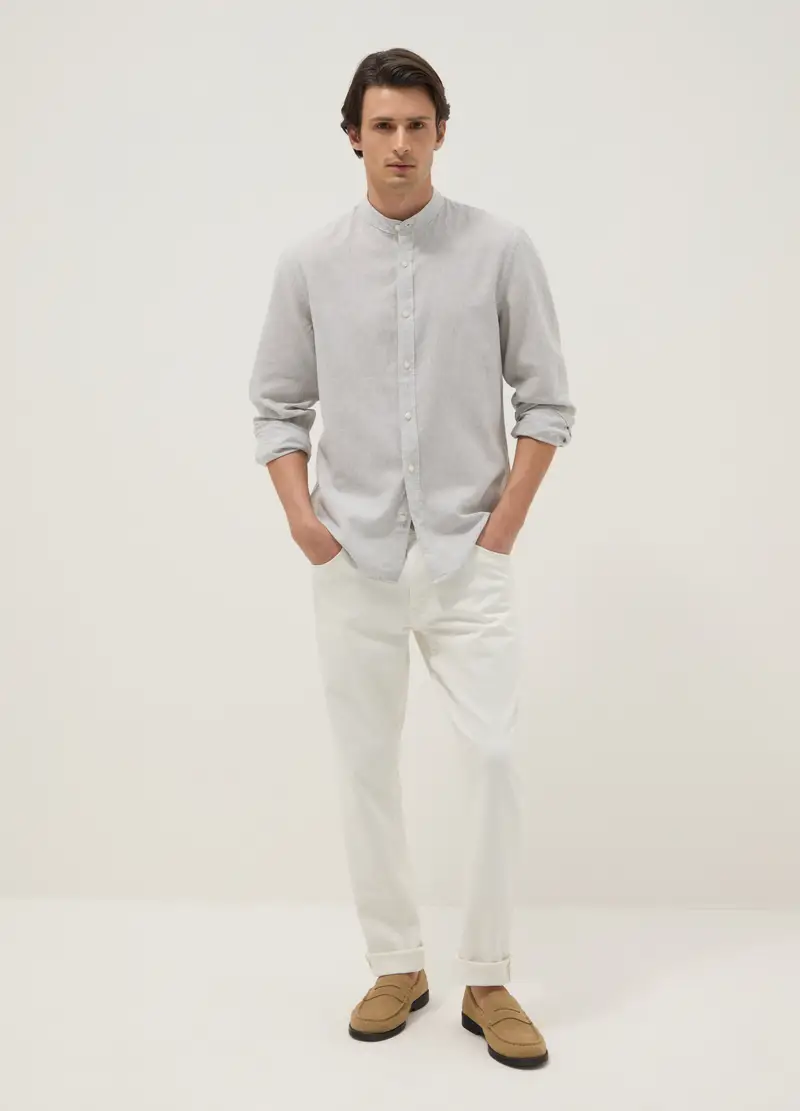 Camicia A Righe Multicolor Con Collo Alla Coreana In Misto Lino E Cotone Regular Fit, Uomo, Beige