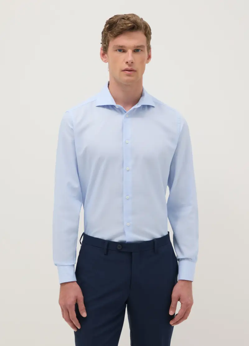 Camicia Azzurra Con Colletto Alla Francese In Puro Cotone Slim Fit, Uomo, Azzurro
