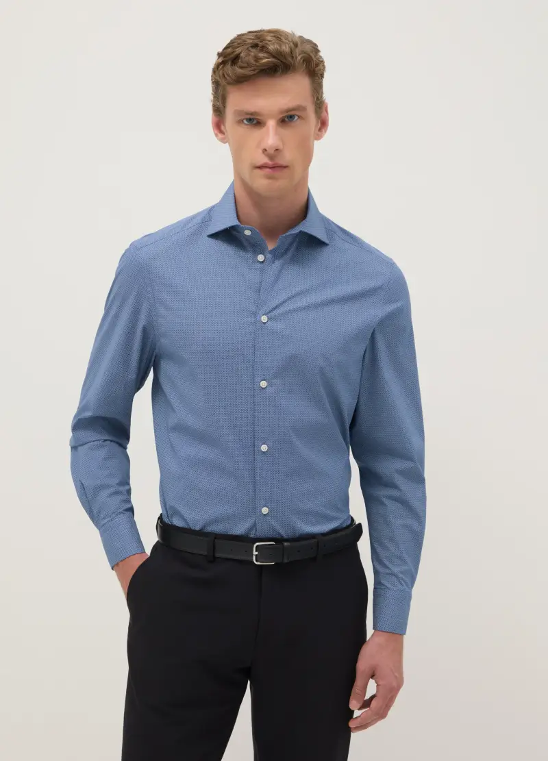 Camicia Azzurra Con Microquadri In Cotone Elasticizzato Regular Fit, Uomo, Azzurro