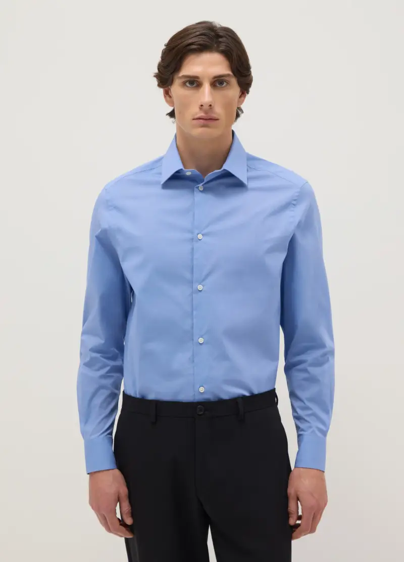Camicia Azzurra In Cotone Elasticizzato Regular Fit Con Collo Classico, Uomo, Azzurro