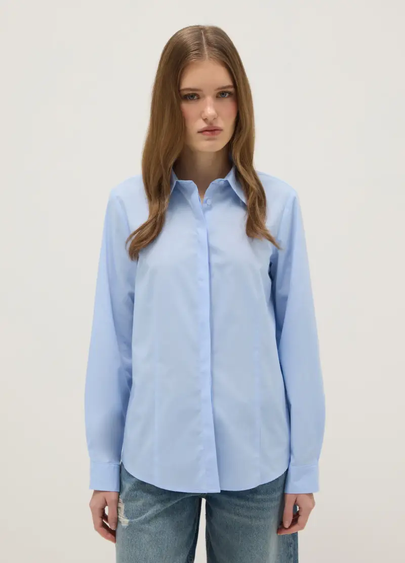 Camicia Azzurra In Misto Cotone Slim Fit Con Collo Classico E Bottoni, Donna, Azzurro
