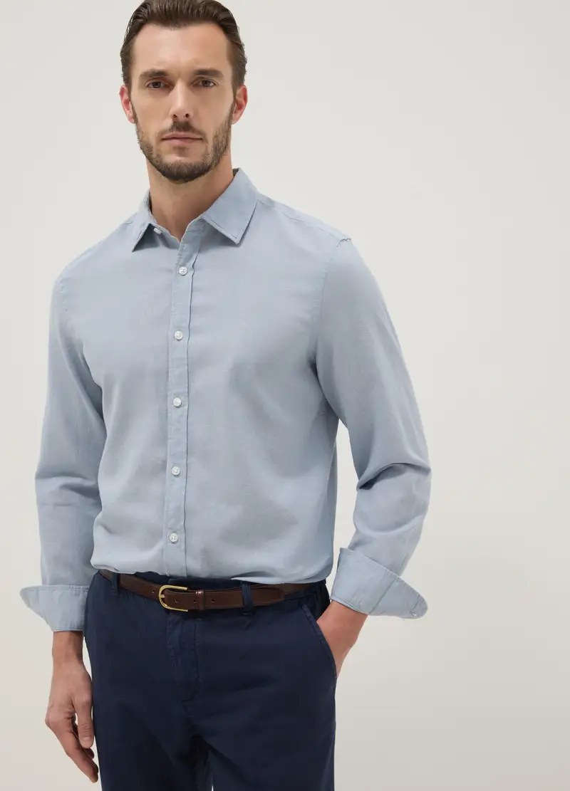 Camicia Azzurra In Misto Lino E Cotone Regular Fit, Uomo Adult