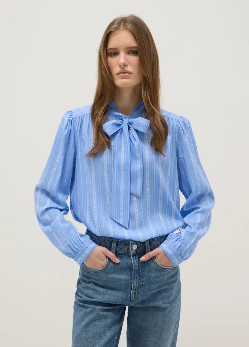 Camicia Azzurra In Pura Viscosa Con Fiocco E Trama A Righe, Donna, Azzurro miniatura 2