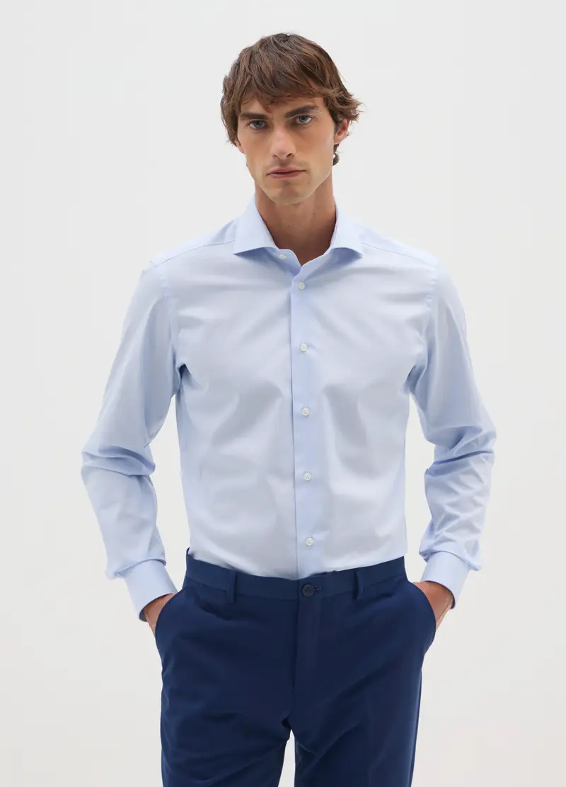 Camicia Azzurra In Puro Cotone Slim Fit Collo Alla Francese, Uomo, Azzurro