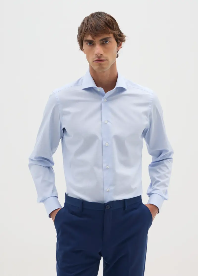 Camicia Azzurra In Puro Cotone Slim Fit Collo Alla Francese, Uomo, Azzurro