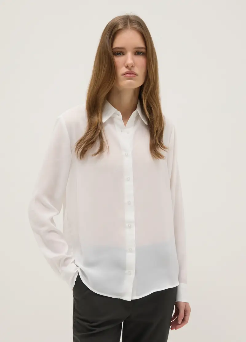 Camicia Bianca In Crepe Con Colletto Classico, Donna, Bianco miniatura 2