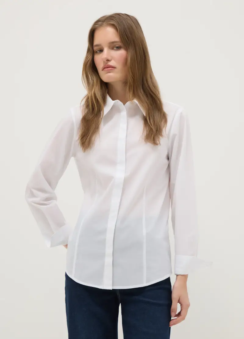 Camicia Bianca In Misto Cotone Slim Fit Con Collo Classico E Bottoni, Donna, Bianco