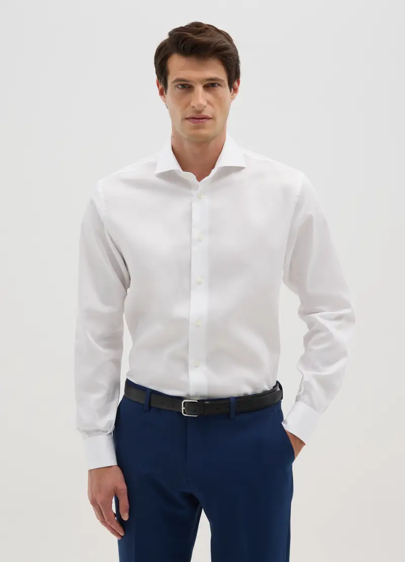 Camicia Bianca In Puro Cotone Regular Fit Collo Alla Francese, Uomo, Bianco