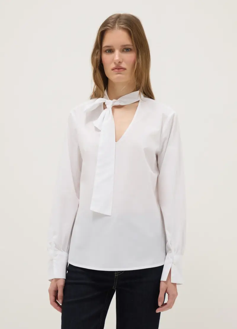 Camicia Bianca In Puro Cotone Regular Fit Con Collo A Nastro, Donna, Bianco miniatura 2
