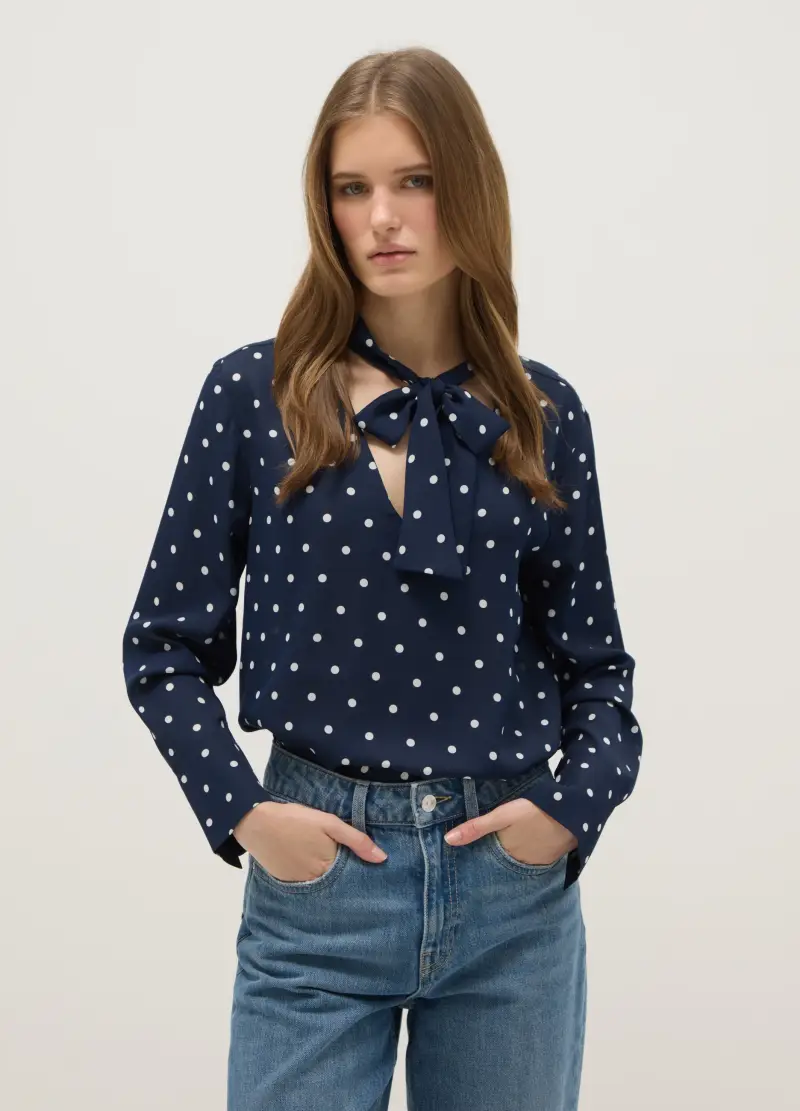 Camicia Blu A Pois In Crepe, Donna, Blu miniatura 2