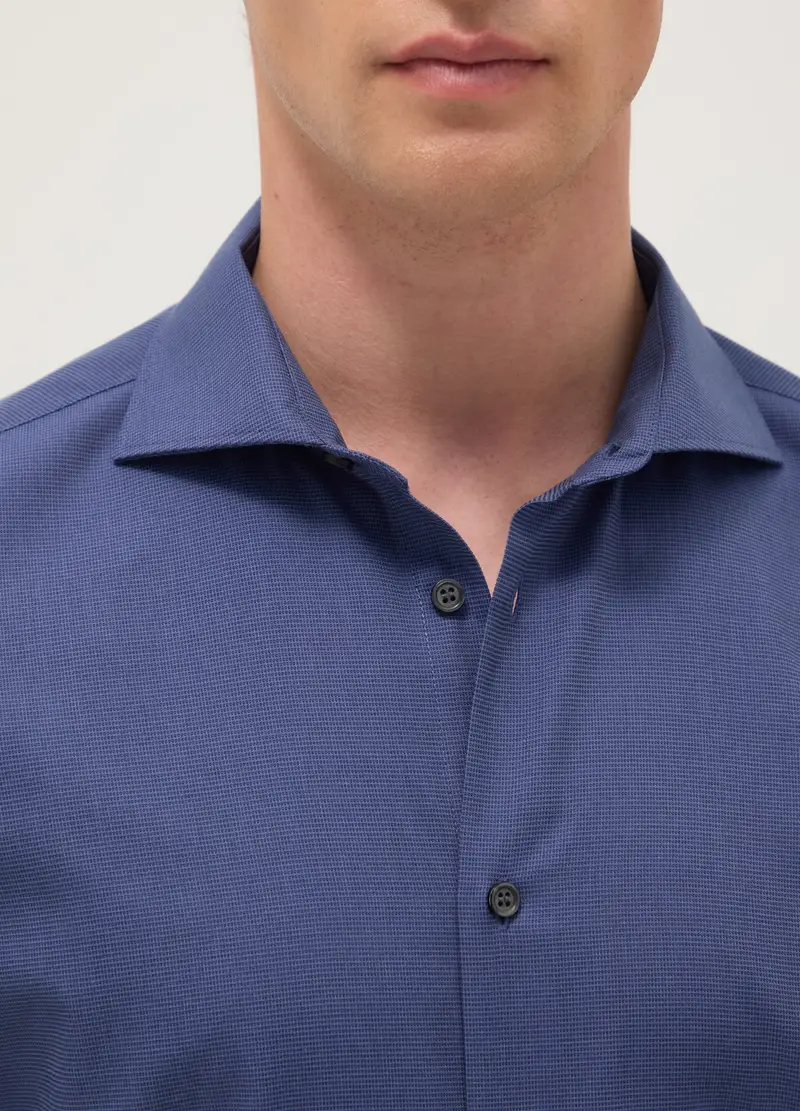 Camicia Blu Con Colletto Alla Francese In Puro Cotone Slim Fit, Uomo, Blu miniatura 2