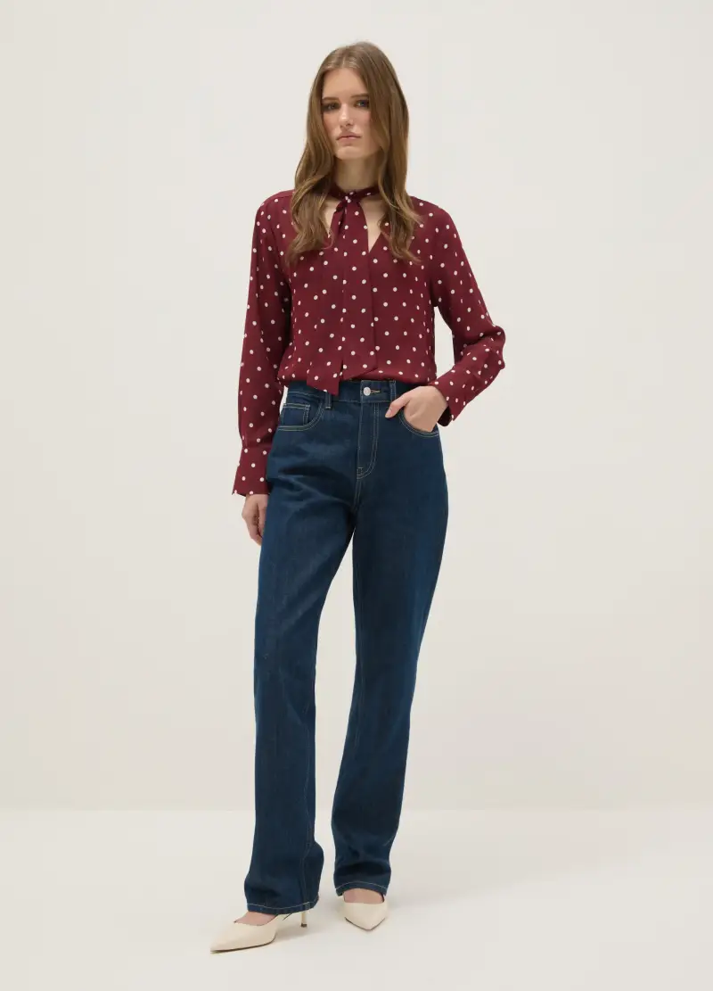 Camicia Bordeaux A Pois In Crepe, Donna, Rosso