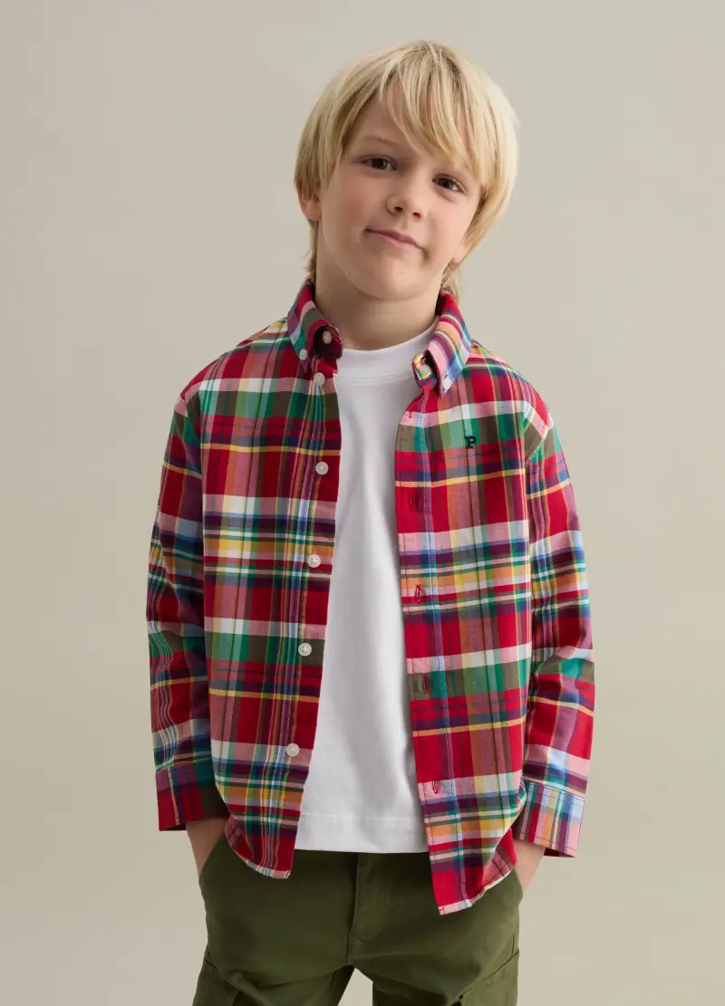 Camicia Button-down Stampa Check E Ricamo Logo, Bambino, Multicolor