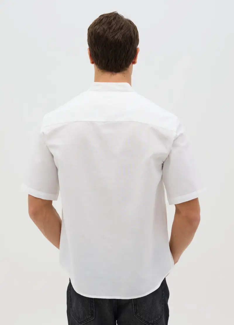 Camicia Coreana In Cotone E Lino A Maniche Corte, Uomo, Bianco miniatura 3