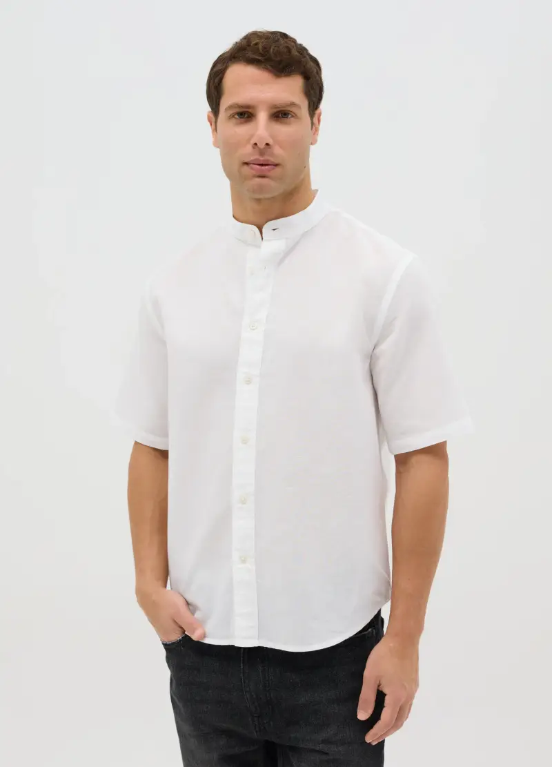 Camicia Coreana In Cotone E Lino A Maniche Corte, Uomo, Bianco