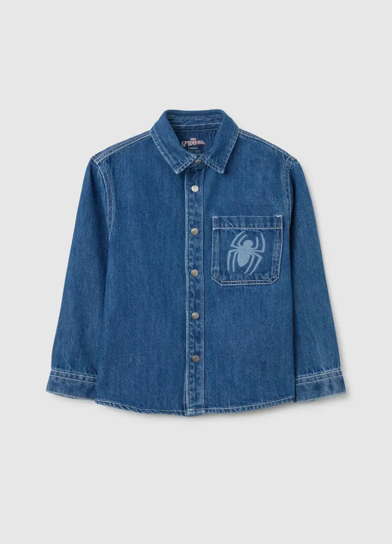 Camicia Da Bambino In Denim Blu Regular Fit Con Stampa Spiderman, Denim