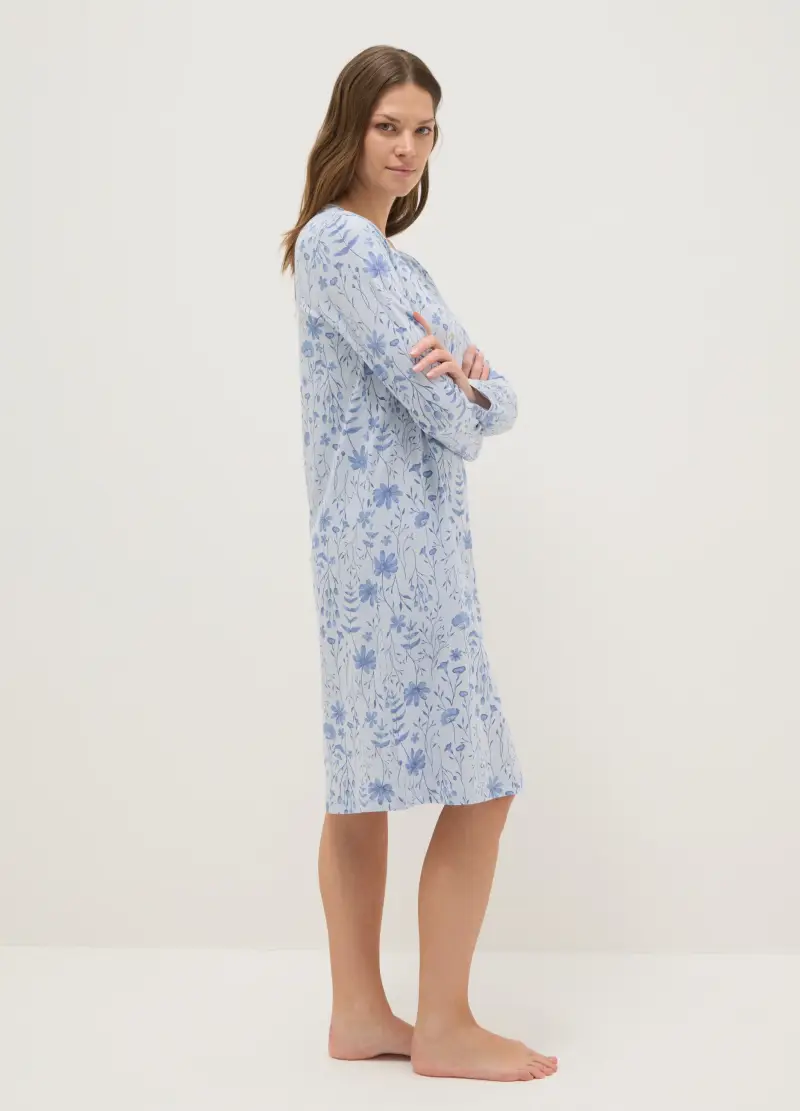 Camicia Da Notte Azzurra In Puro Cotone Con Scollo Serafino, Donna, Azzurro miniatura 2