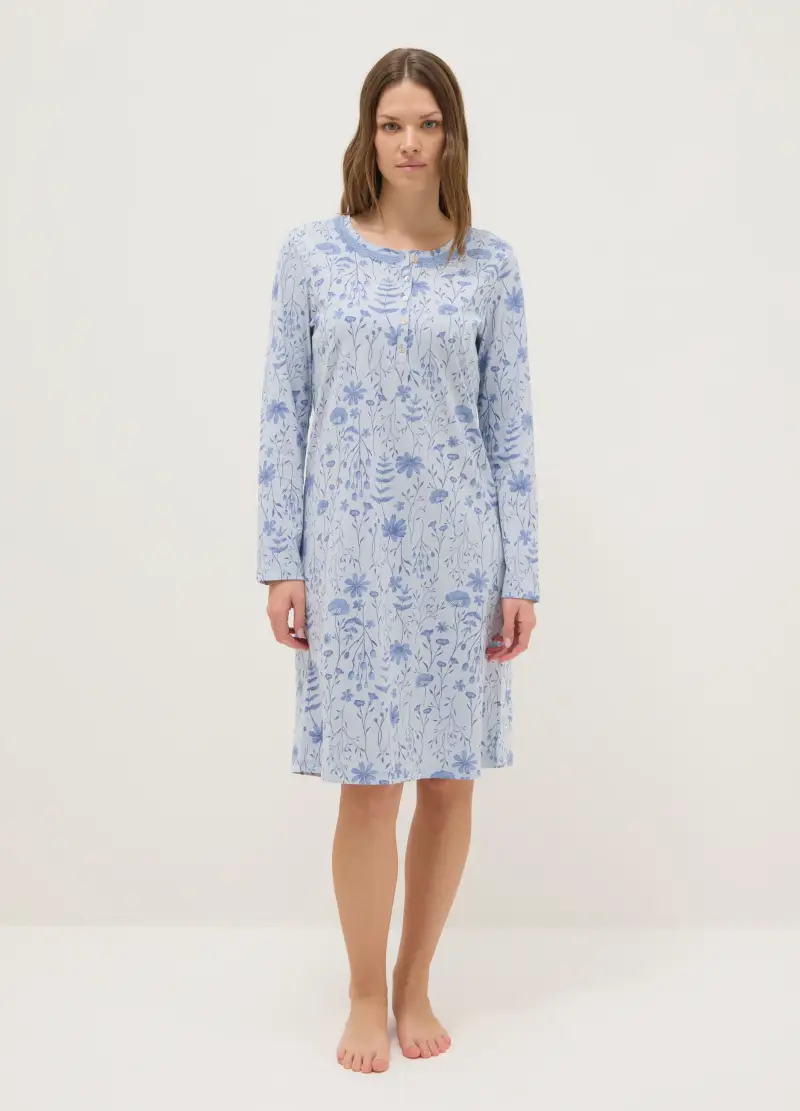 Camicia Da Notte Azzurra In Puro Cotone Con Scollo Serafino, Donna, Azzurro