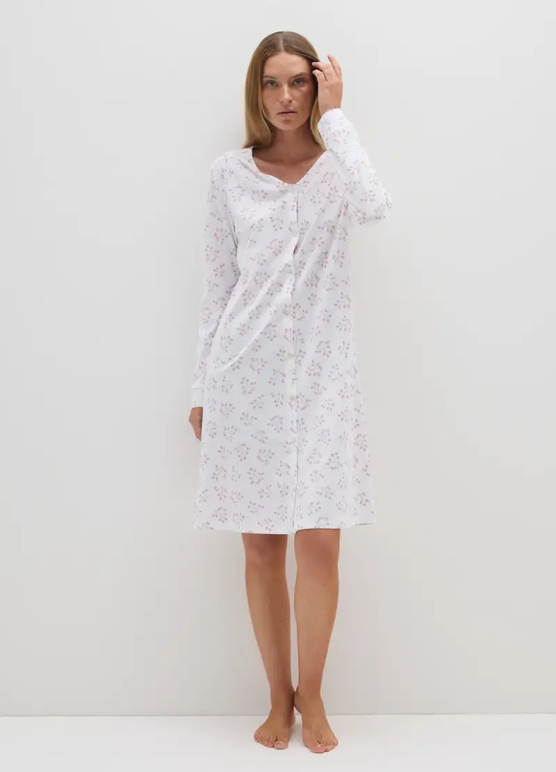 Camicia Da Notte Bianca Con Stampa Rosa, Donna, Bianco