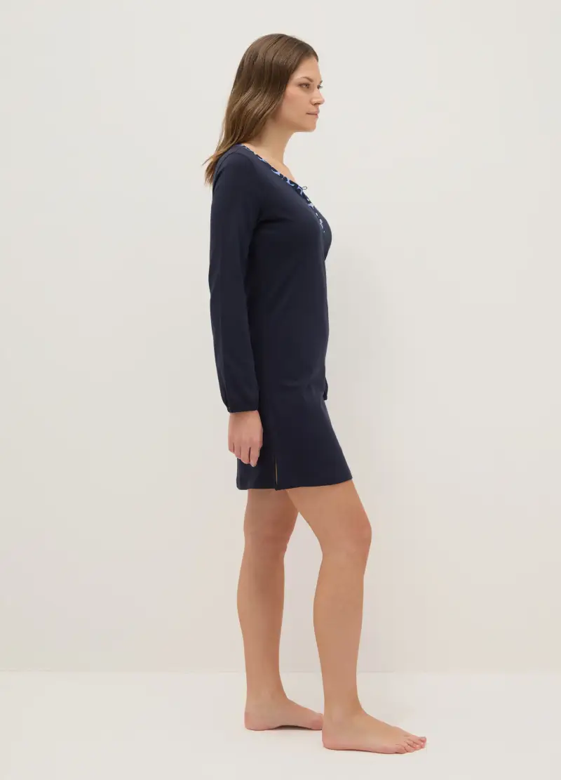 Camicia Da Notte Blu In Puro Cotone Regular Fit Con Scollo Serafino, Donna, Blu miniatura 2