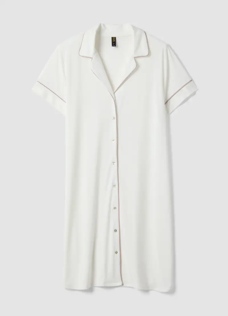 Camicia Da Notte In Misto Viscosa Elasticizzata Bianca Con Collo A V, Donna, Bianco