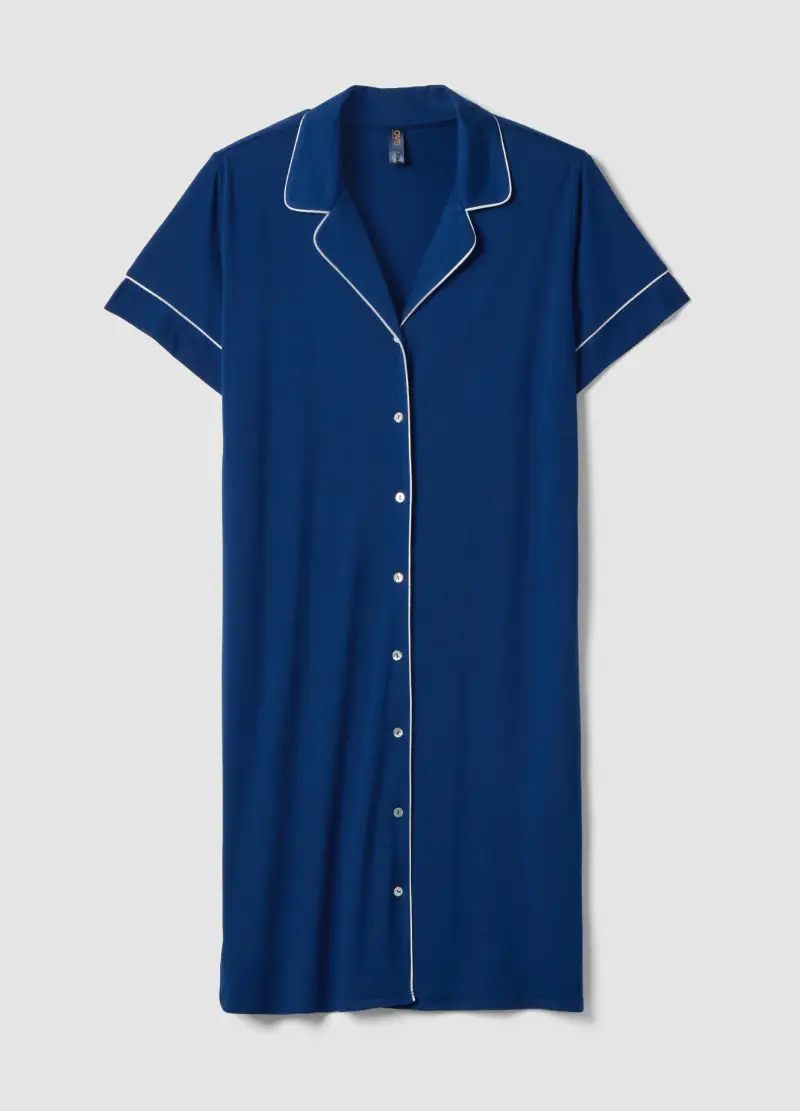 Camicia Da Notte In Misto Viscosa Elasticizzata Blu Con Collo A V, Donna, Blu