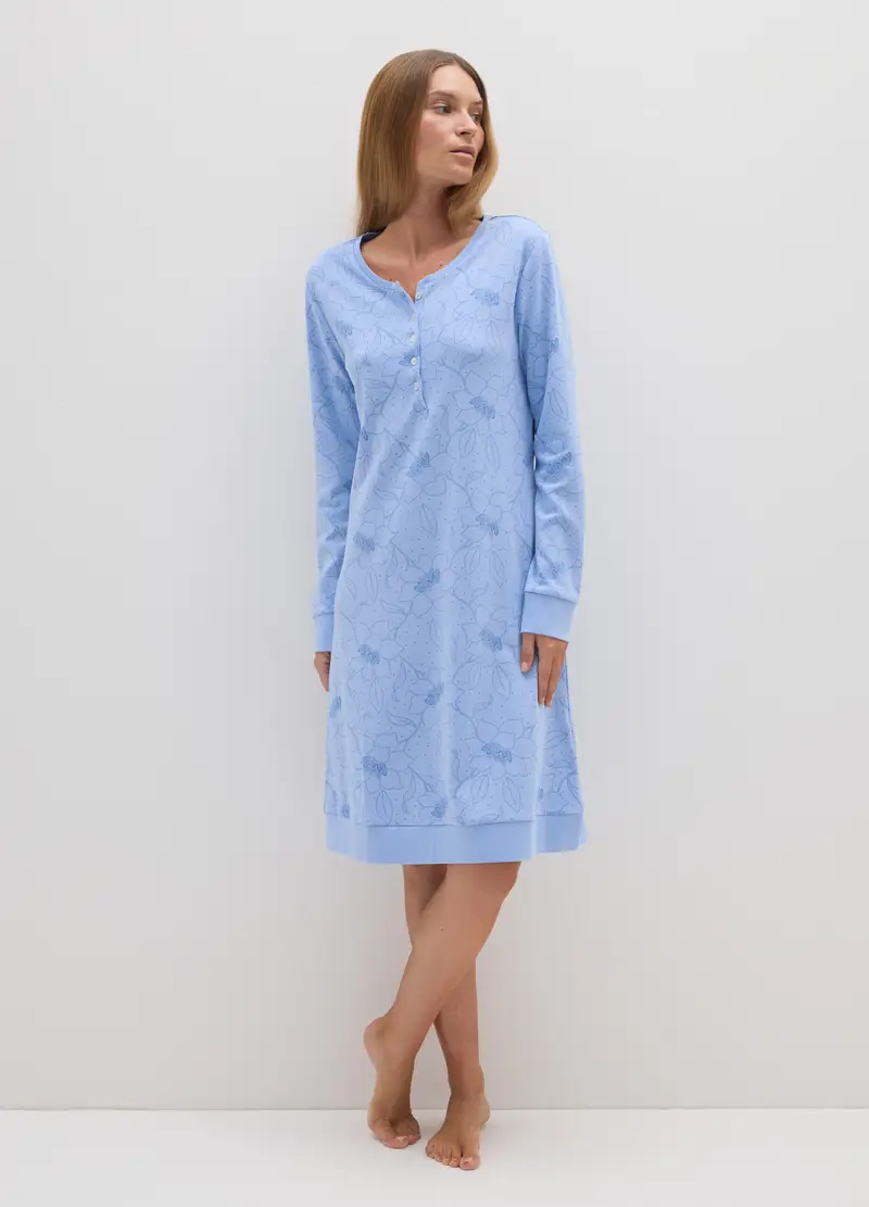 Camicia Da Notte In Puro Cotone Azzurra, Donna, Azzurro