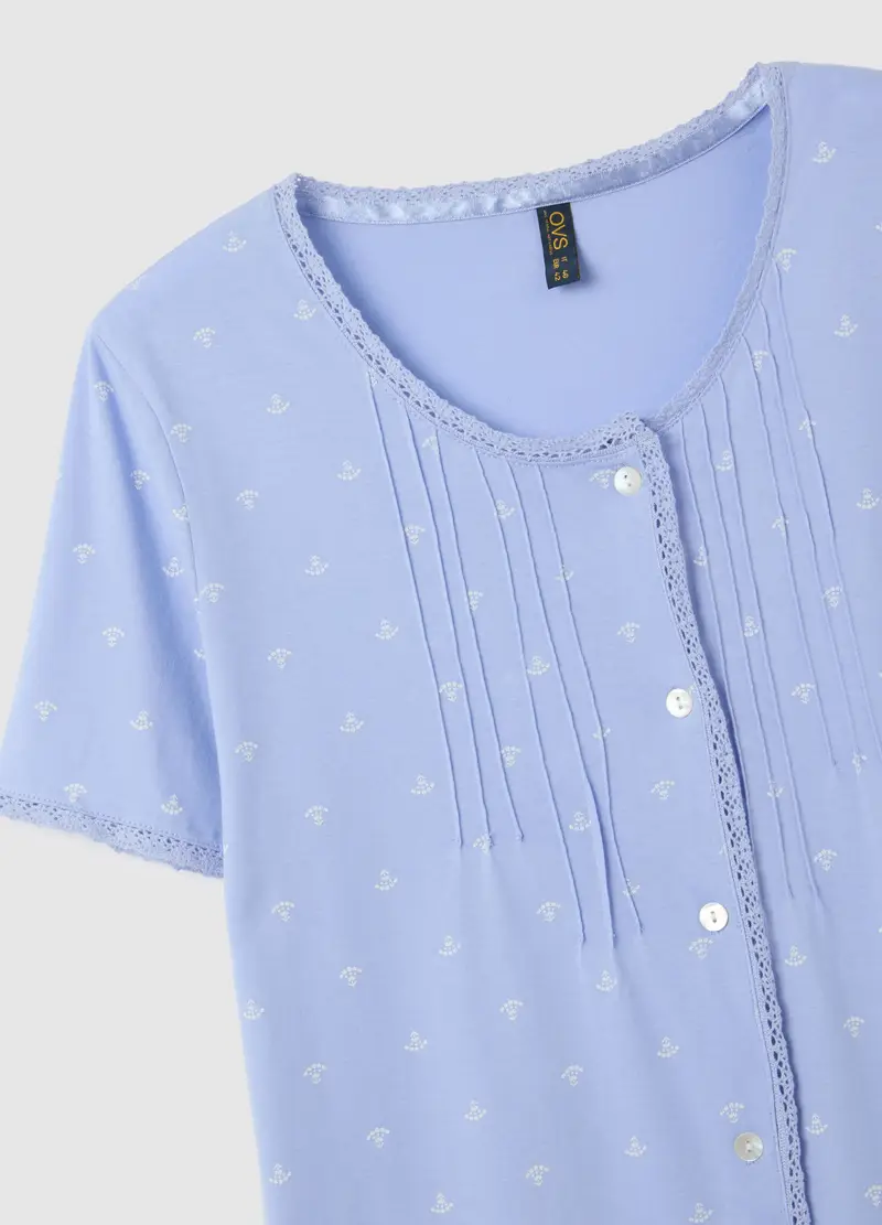 Camicia Da Notte In Puro Cotone Azzurro Con Micro Fantasia, Donna, Azzurro miniatura 2